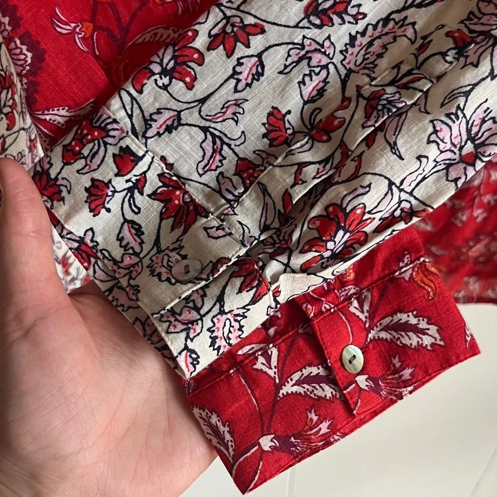 J. Jill Red and White Floral Button Down Shirt Sz Med Coastal Grandma Beach - Picture 4 of 12
